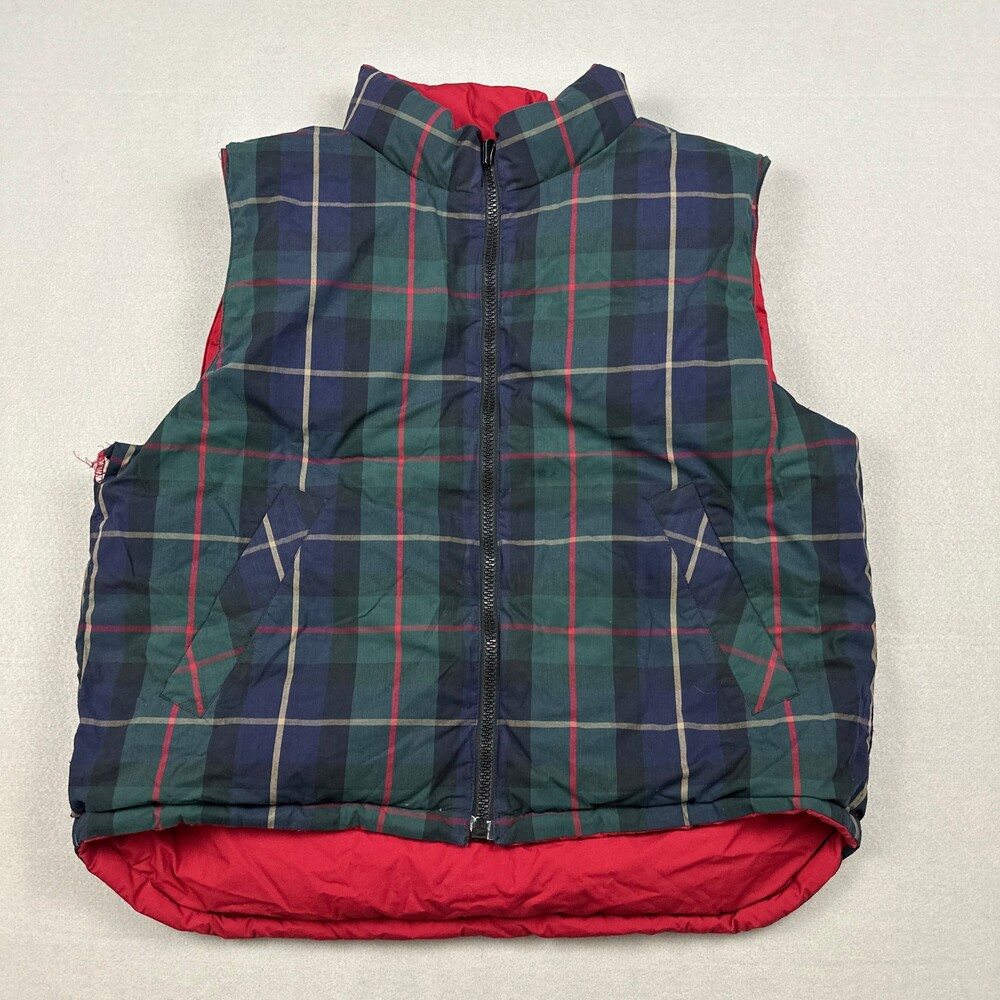 Eddie Bauer Vest Men Medium Green Red Plaid Puffer Jacket Reversible Down Fill M